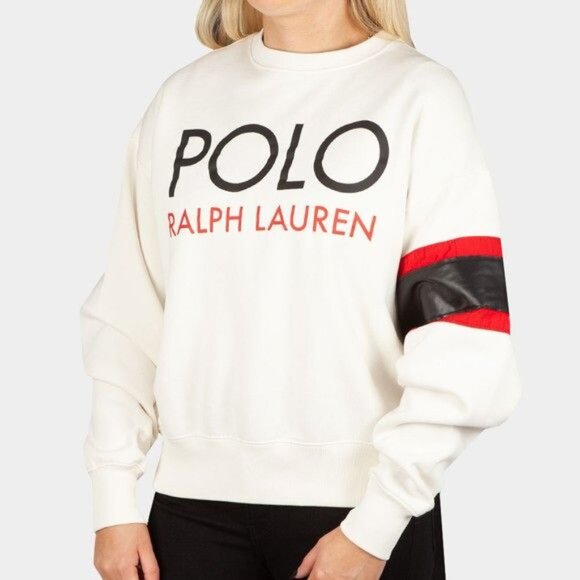 Polo Ralph Lauren Logo Leather Sweatshirt Red Black Stripe Unisex Size MM - Picture 2 of 13